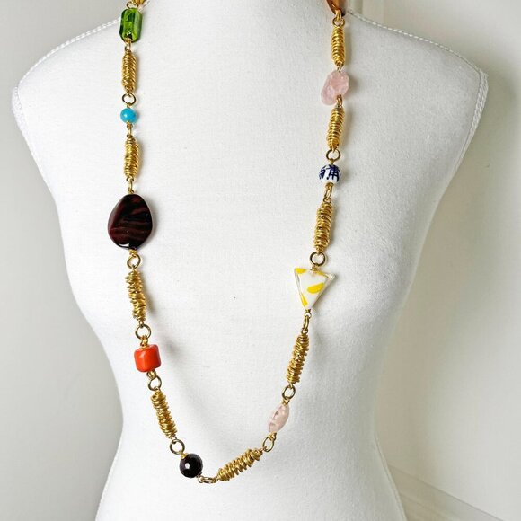 Handcrafted Gold-Toned Bohemian Cocoon Necklace – Multicolored Stones & Beads - Picture 4 of 4
